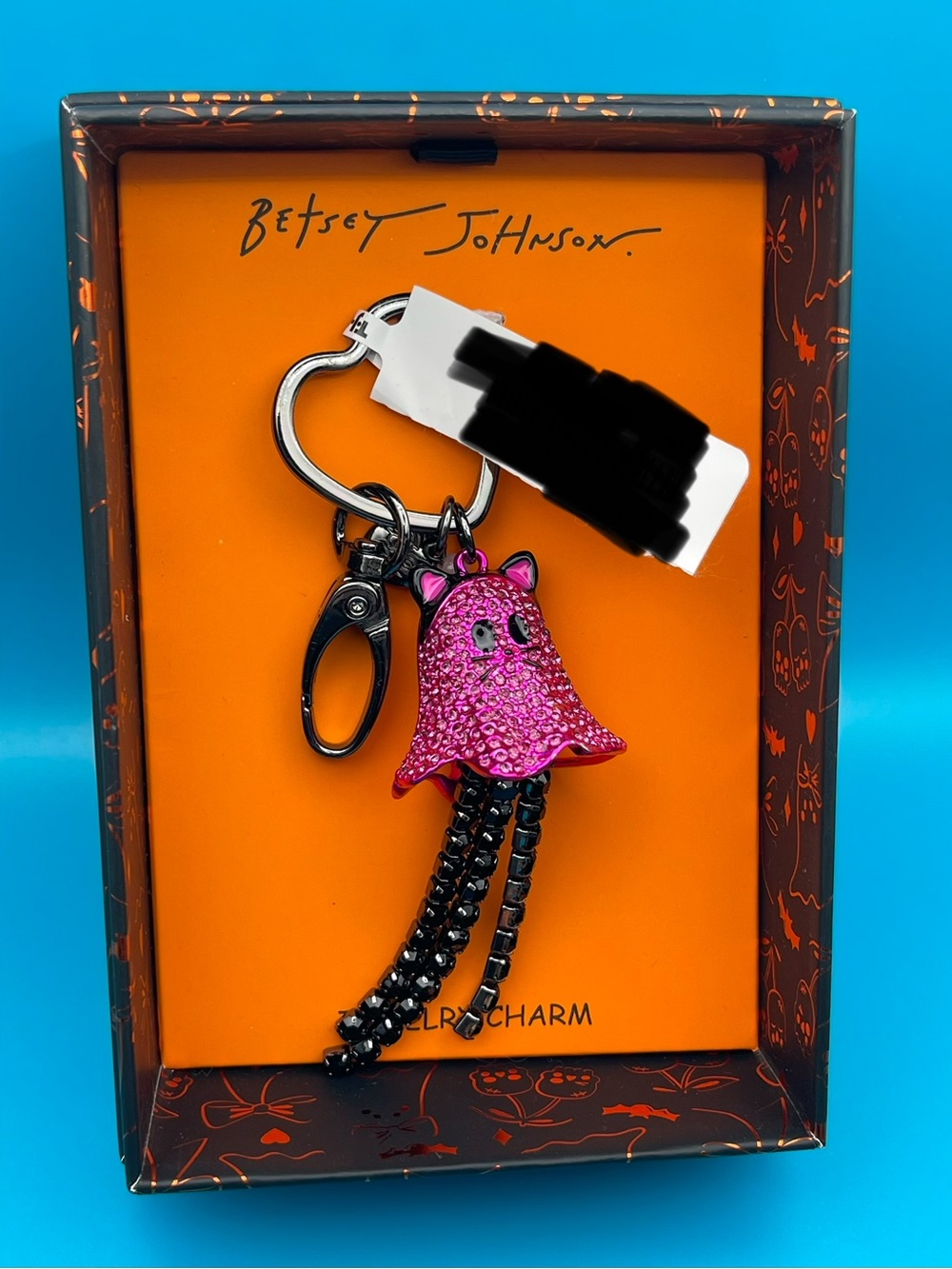 Betsey Johnson Pink Crystal Ghost Key & Bag Charm with Black Chain